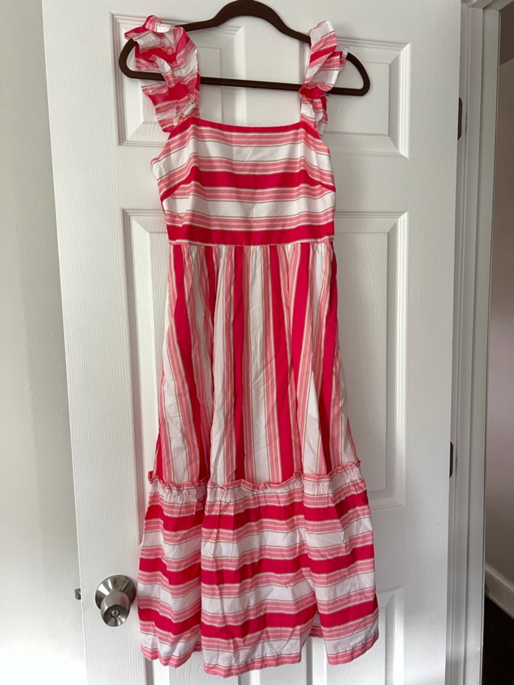 J. Crew Factory Pink and White Striped Ruffle-Shoulder Midi Dress